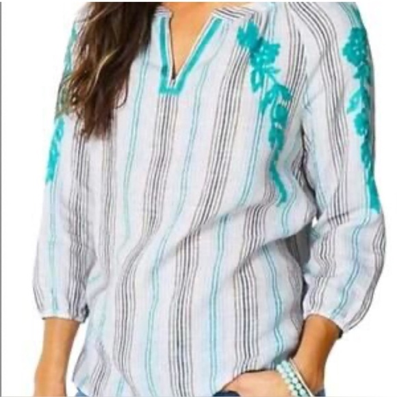 J. Jill Love Linen Striped Embroidered Relaxed Fit Blouse Classic Chic Summer - Picture 2 of 11
